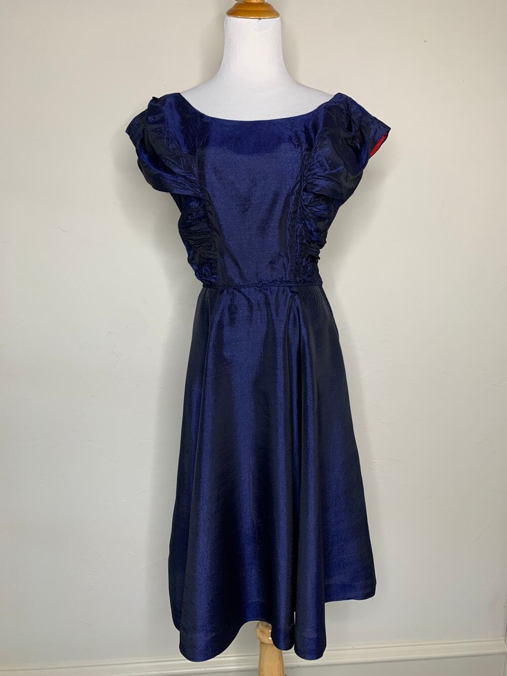 Vintage Navy Blue ? Taffeta 50s 60s Dress Handmade Ruched Bodice